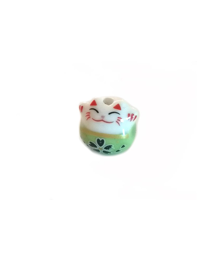 Perle chat chance-Porte bonheur 14mm-Céramique-ver