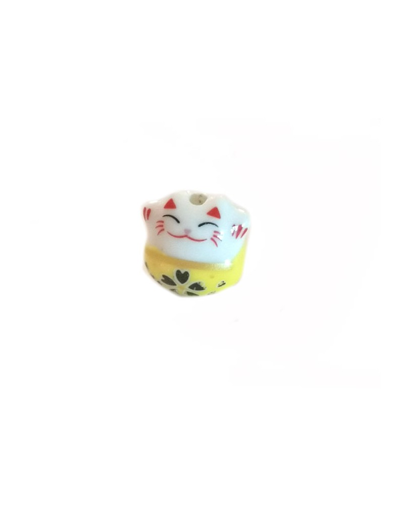 Perle chat chance-Porte bonheur 14mm-Céramique-Jaune