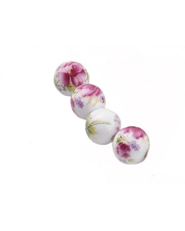 Perle 10mm en céramique-Fleurie-Blanc-Mauve-Vert