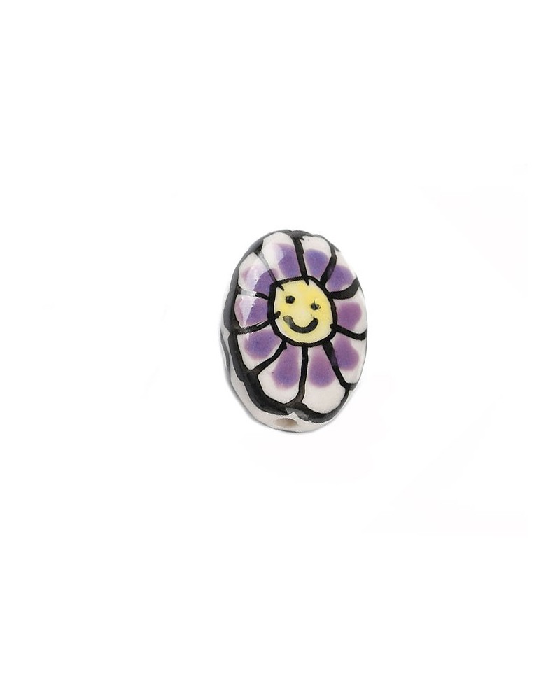 Perle en céramique 20x15mm-Décor fleur sourirante-Violet