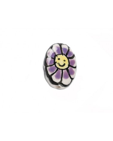 Perle en céramique 20x15mm-Décor fleur sourirante-Violet