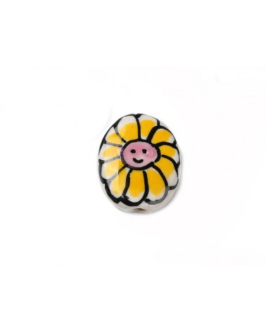 Perle en céramique 20x15mm-Décor fleur souriant-Jaune