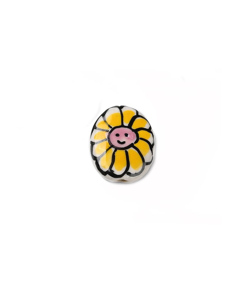 Perle en céramique 20x15mm-Décor fleur souriant-Jaune