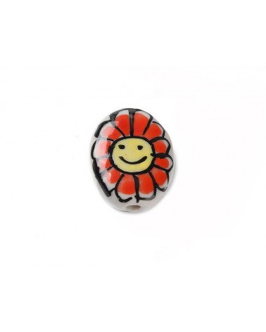 Perle en céramique 20x15mm-Décor fleur souriant-Rouge