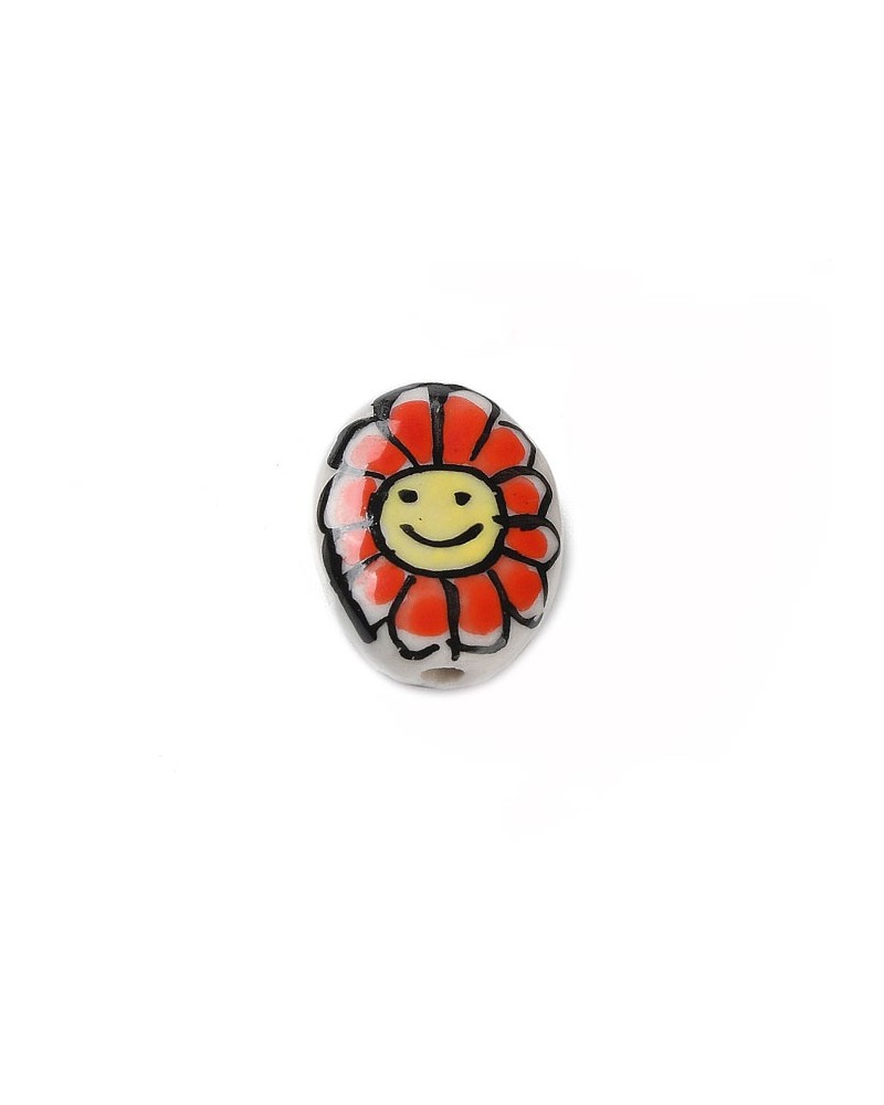 Perle en céramique 20x15mm-Décor fleur souriant-Rouge