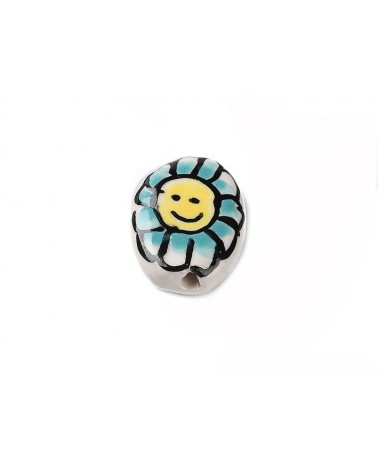 Perle en céramique 20x15mm-Décor fleur souriant-Turquoise