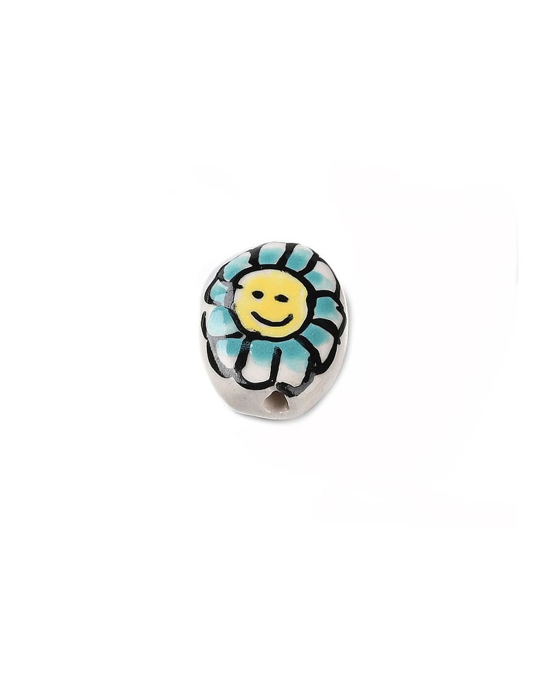 Perle en céramique 20x15mm-Décor fleur souriant-Turquoise