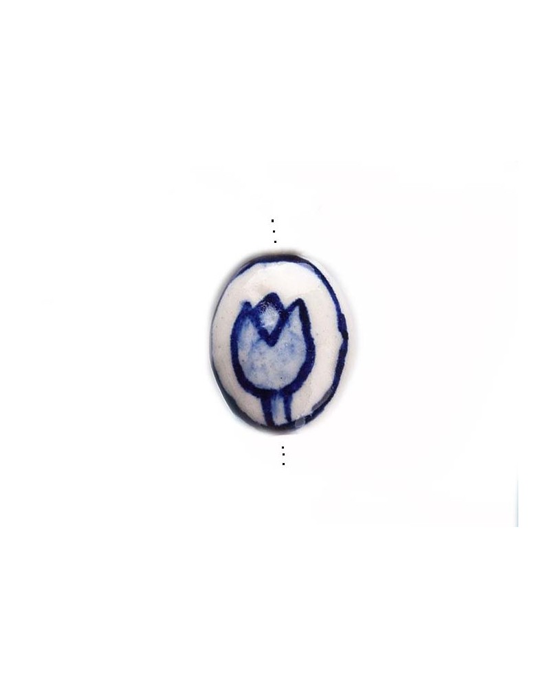 Perle en céramique 16x12mm-Décor fleur-Blanc-Bleu