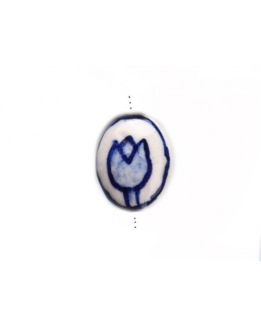 Perle en céramique 16x12mm-Décor fleur-Blanc-Bleu