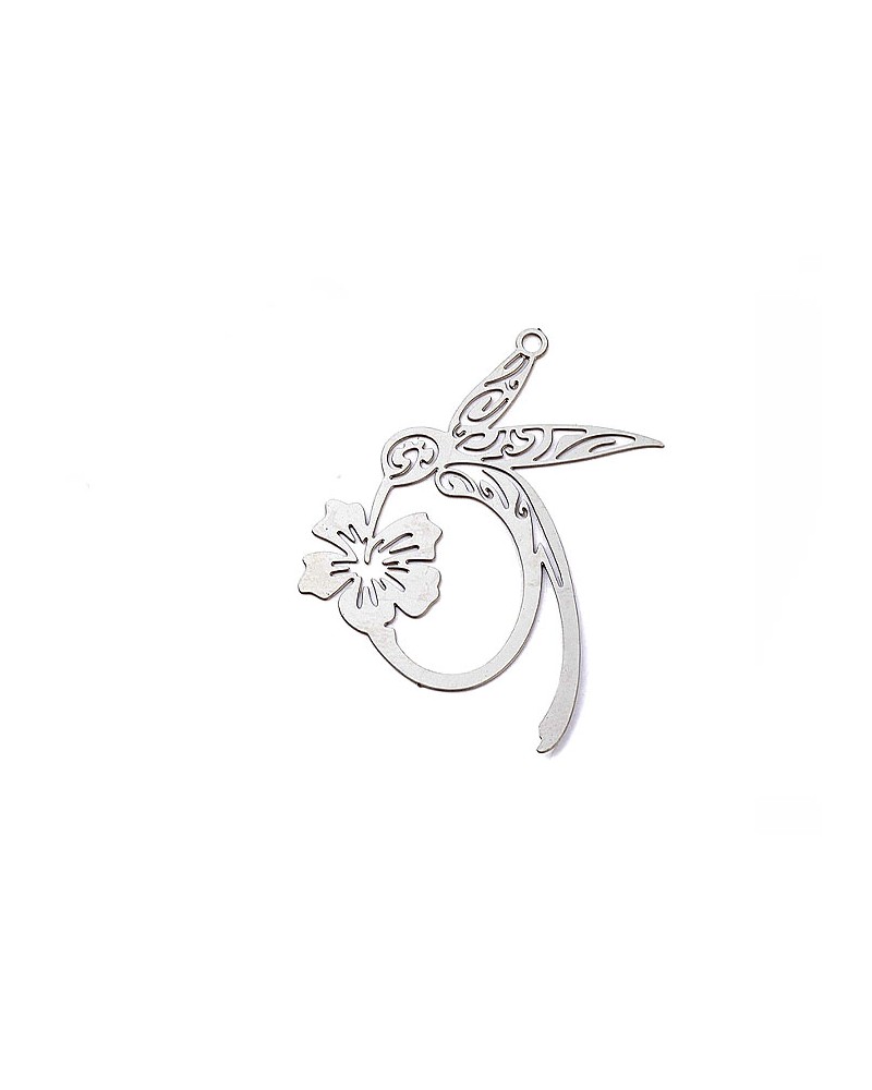 Pendentif colibri-fleur 38x32mm-Acier inox