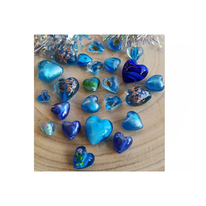 Perle Coeur verre 20mm-sable d'or- Bleu turquoise x1