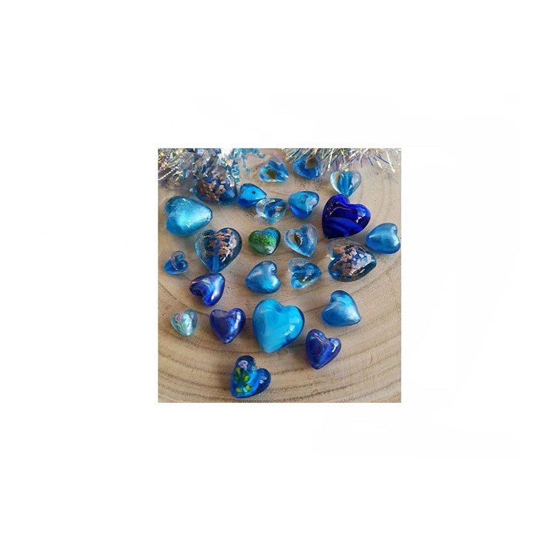Perle Coeur en verre 28mm-feuille or-Bleu x1