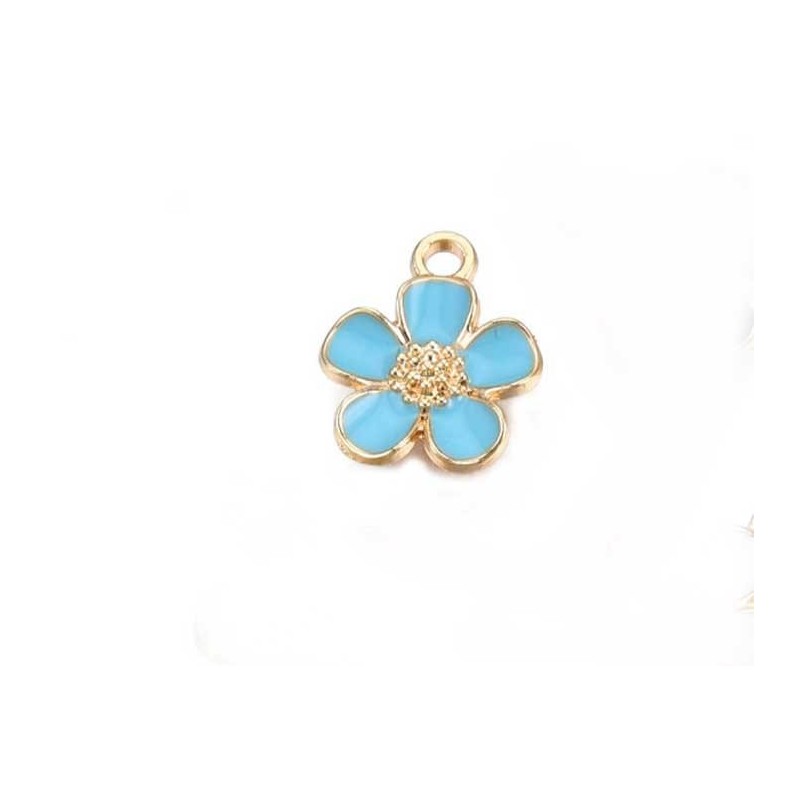 Breloque fleur émaillée13mm-Doré-turquoise