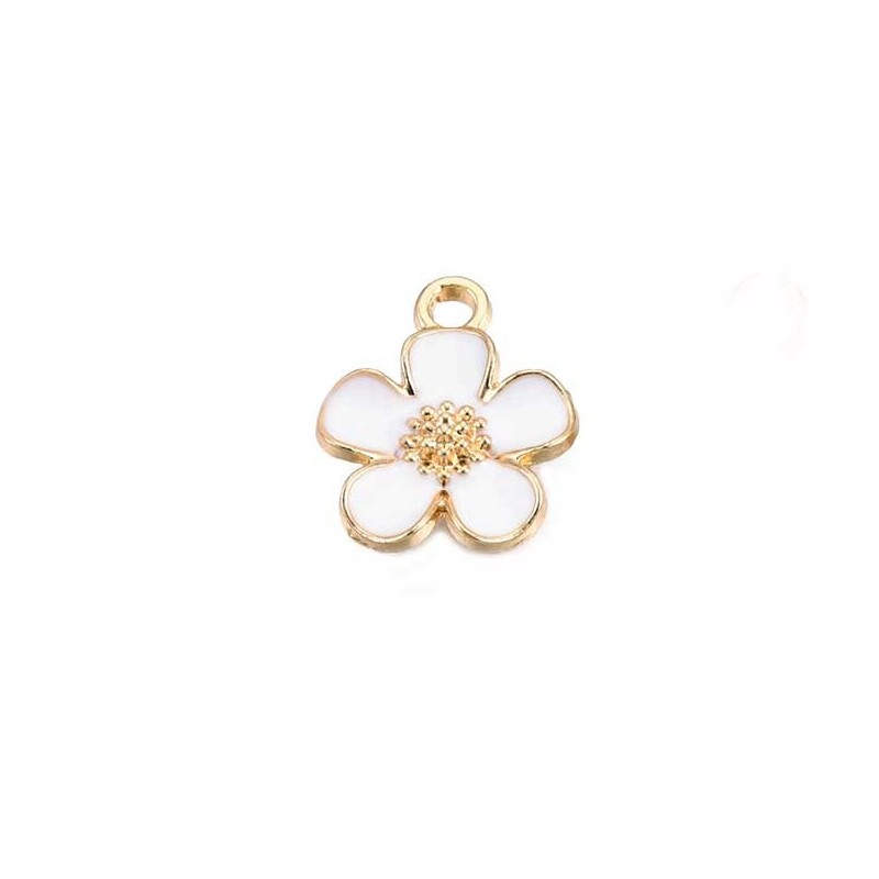 Breloque fleur émaillée13mm-Doré-blanc