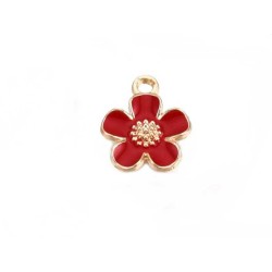 Breloque fleur émaillée13mm-Doré-Rouge