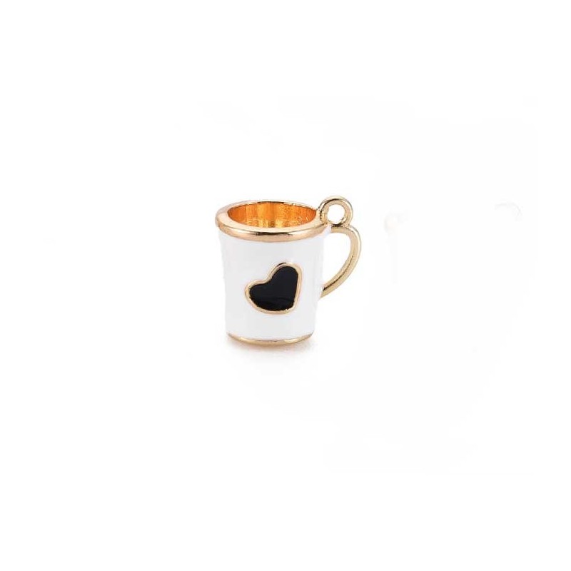 Breloque tasse 12mm coeur noir-Doré Blanc