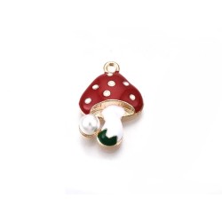 Pendentif champignon et perle 22x15mm-Doré-Rouge