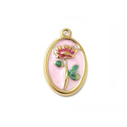 Breloque ovale 17x12mm-Motif fleur émaillée-Acier inox 304 18K