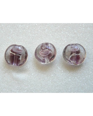 Perle plate à décor de rose et feuile d'argent x1