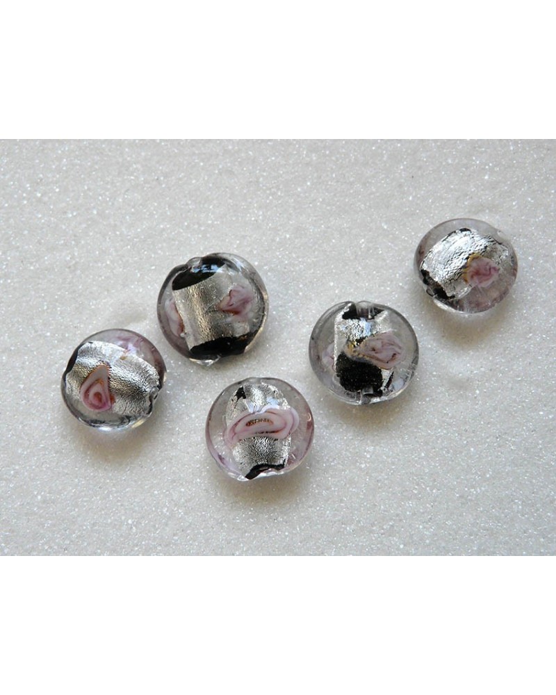 Perle plate 17mm à décor de rose et feuile d'argent x1