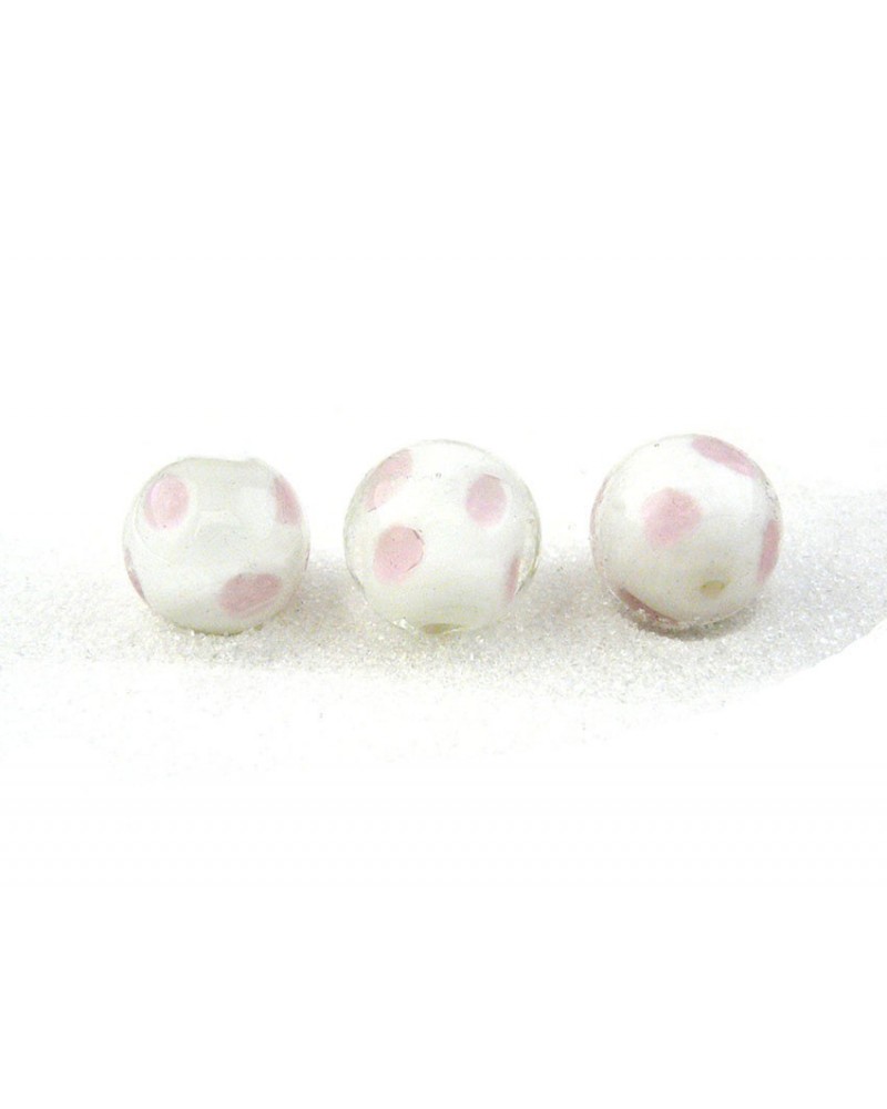 Perle en verre 16mm blanc et rose à pois X1