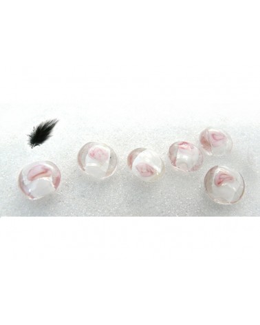 Perle plate 12mm blanche à décor de rose et feuile d'argent x 5