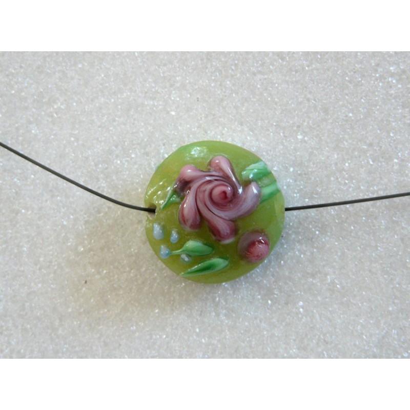 Palet verre au chalumeau 19mm fleuri rose et vert