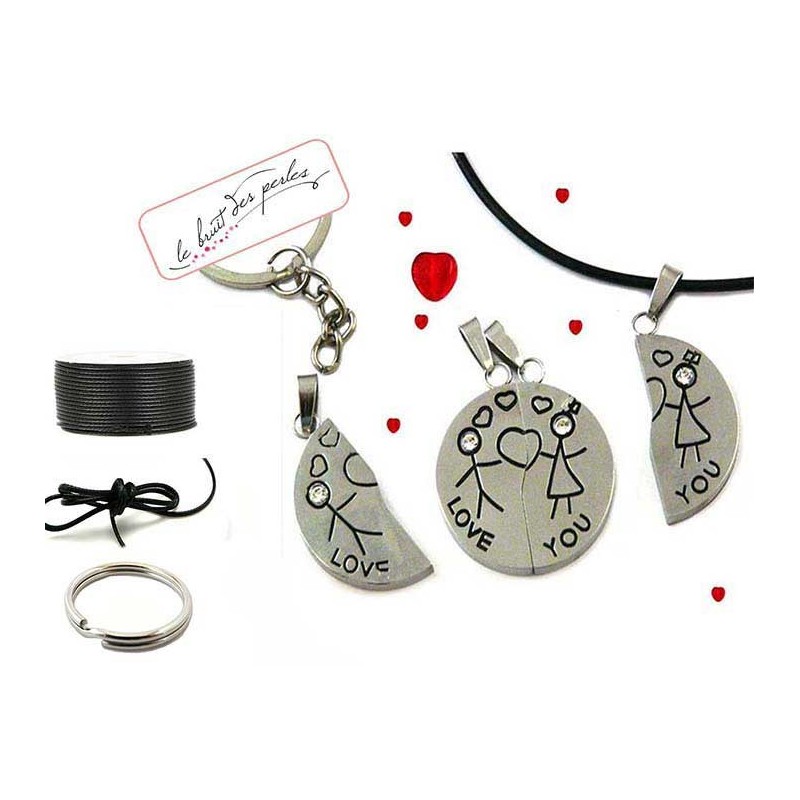 Pendentif couple "i love you" séparable acier inox + attaches