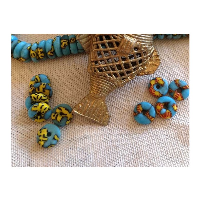 Rondelles krobo artisanales en verre recyclé 10mm turquoise rouge x10