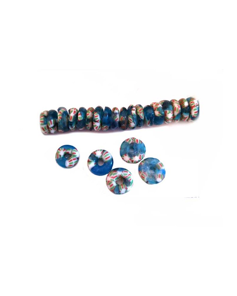Rondelles Krobo artisanales en verre recyclé 10mm bleu translucide