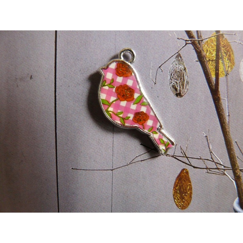 Breloque, charm, OISEAU  à rose rouge x 1