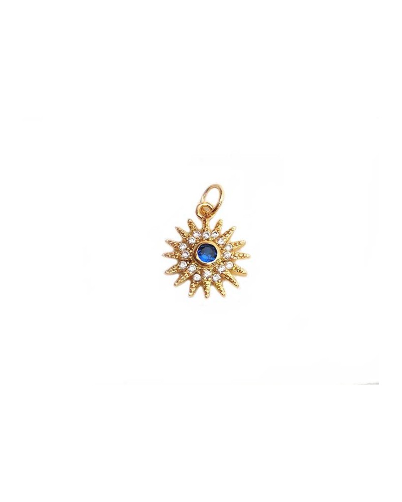 Pendentif soleil-fleur 13mm avec zircons -Bleu-Doré 18K