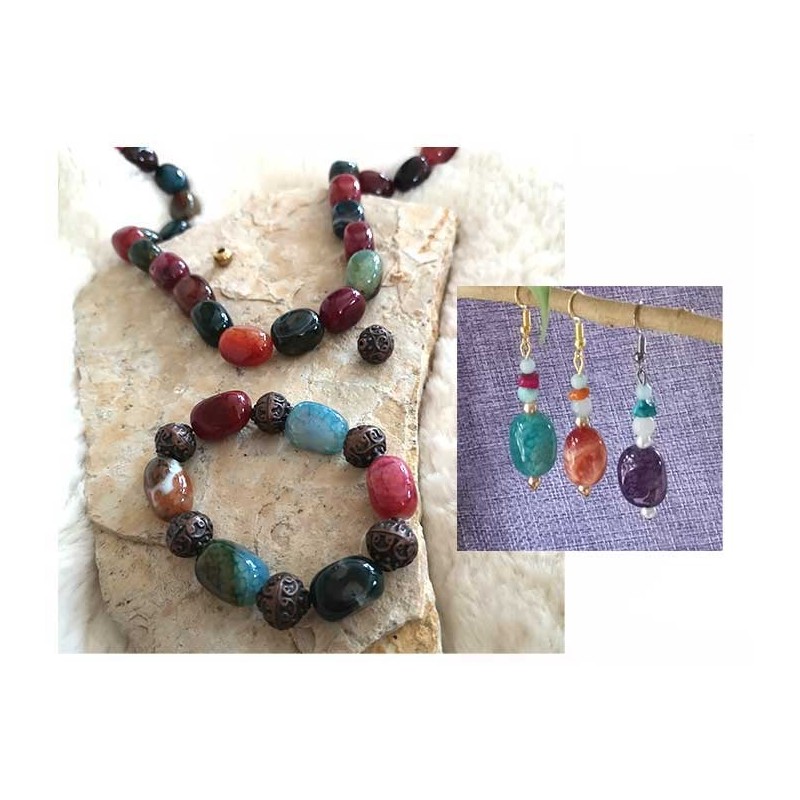 Perles en Agate veinée multicolore 18x14mm-13x10mm x5